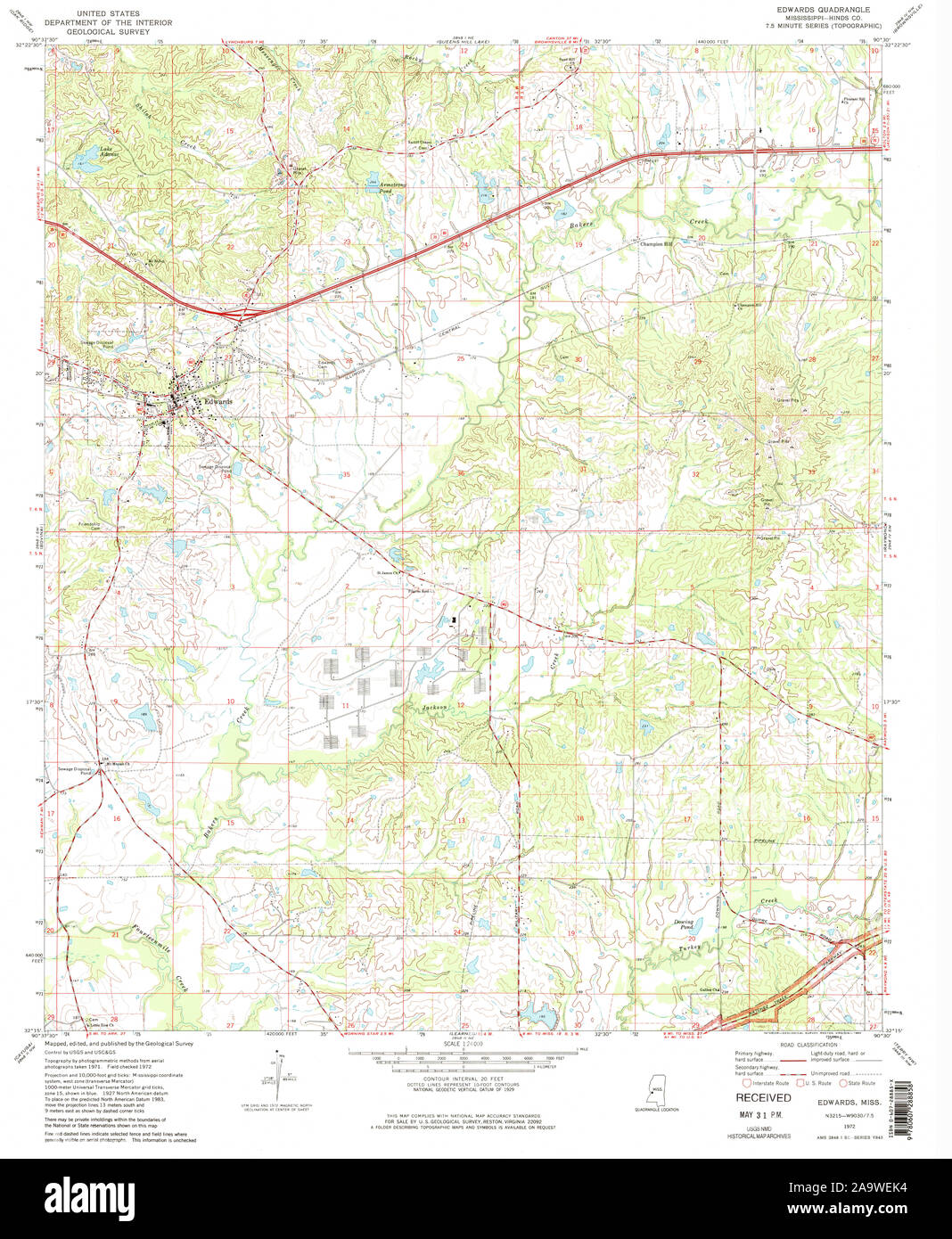 USGS TOPO Map Mississippi MS Edwards 335618 1972 24000 Restoration Stock Photo