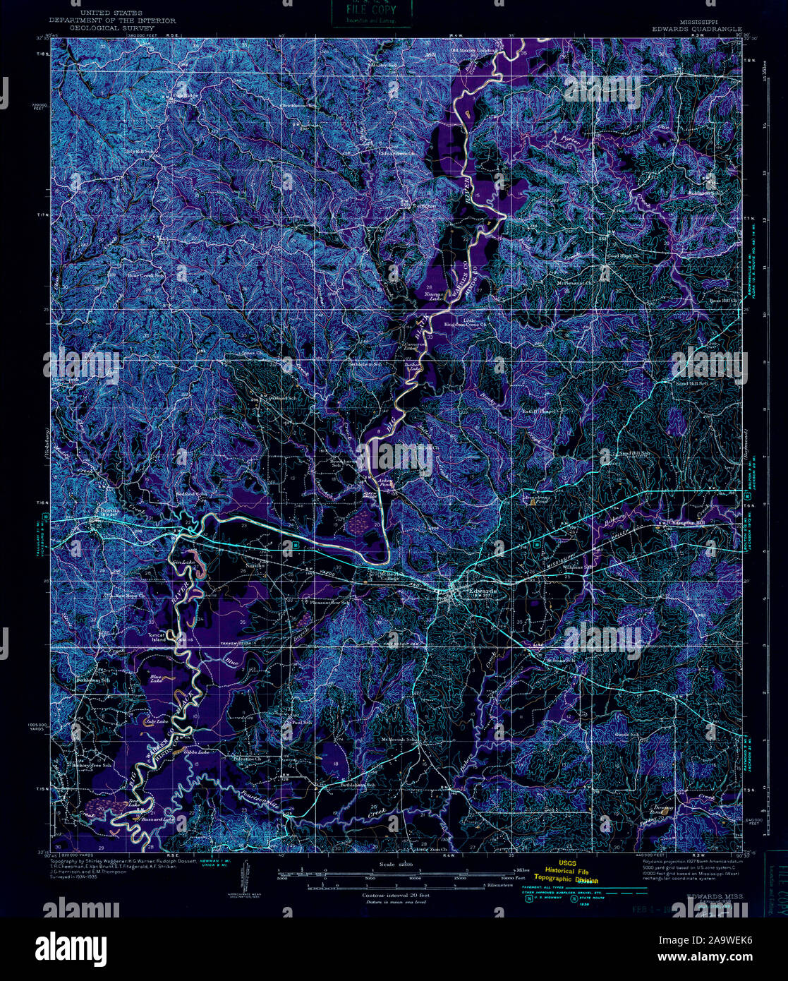 USGS TOPO Map Mississippi MS Edwards 336891 1938 62500 Inverted Restoration Stock Photo