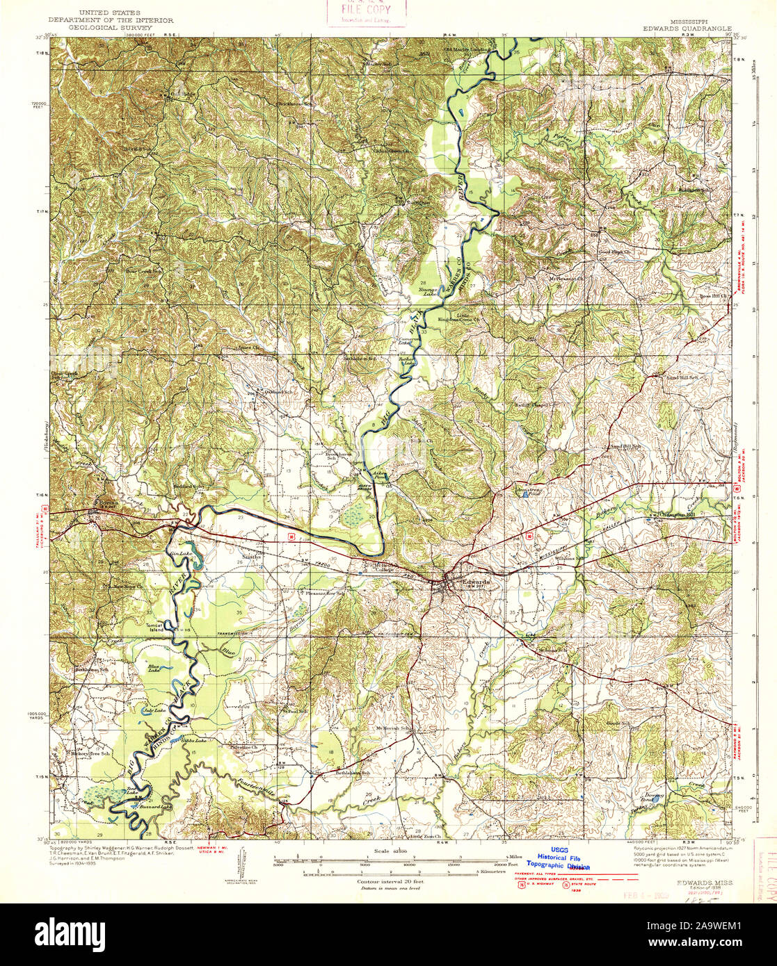 USGS TOPO Map Mississippi MS Edwards 336891 1938 62500 Restoration Stock Photo