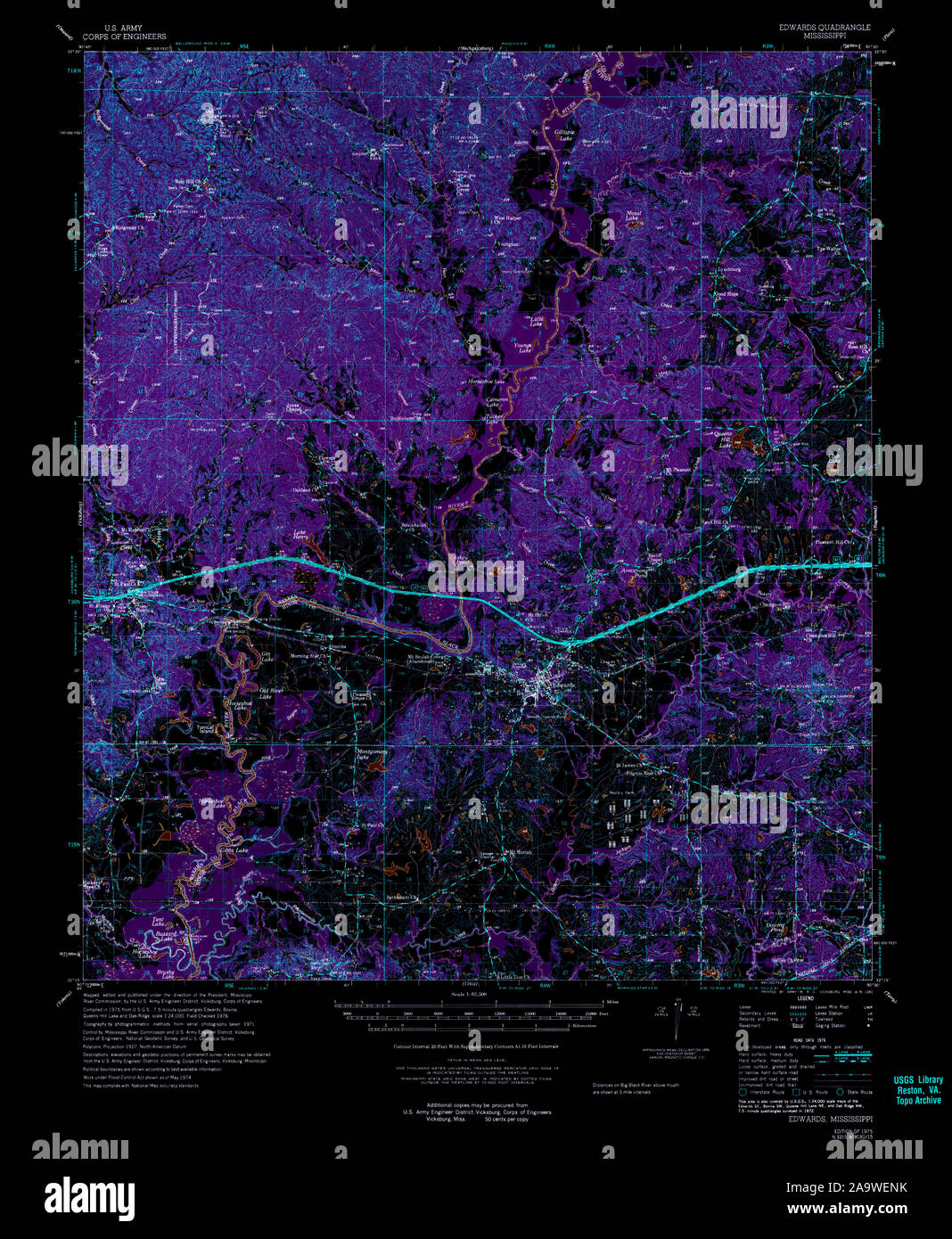 USGS TOPO Map Mississippi MS Edwards 336894 1975 62500 Inverted Restoration Stock Photo