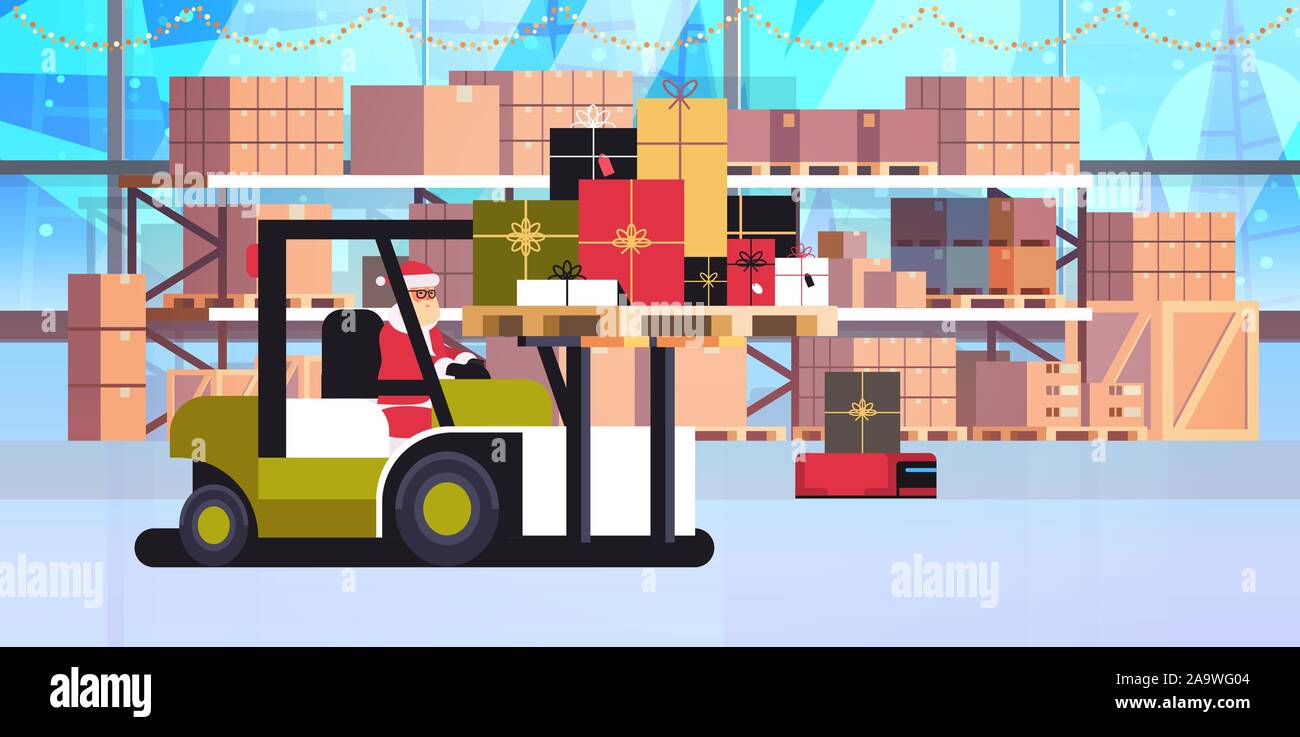 santa claus on forklift truck loading colorful gift present boxes ...