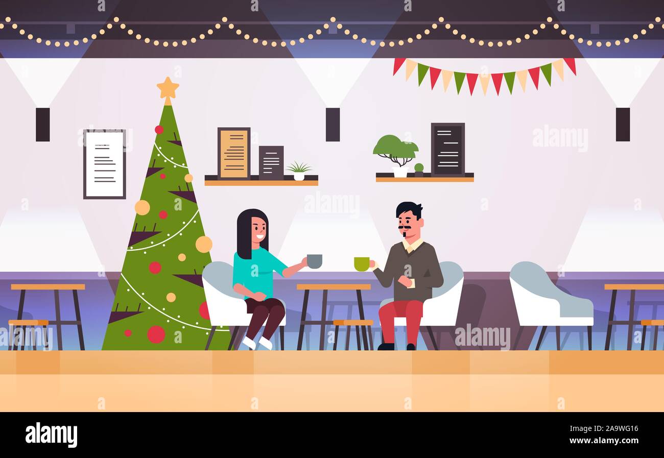 couple sitting at cafe table drinking coffee and discussing during meeting merry christmas happy new year holidays concept modern restaurant interior flat full length horizontal vector illustration Stock Vector