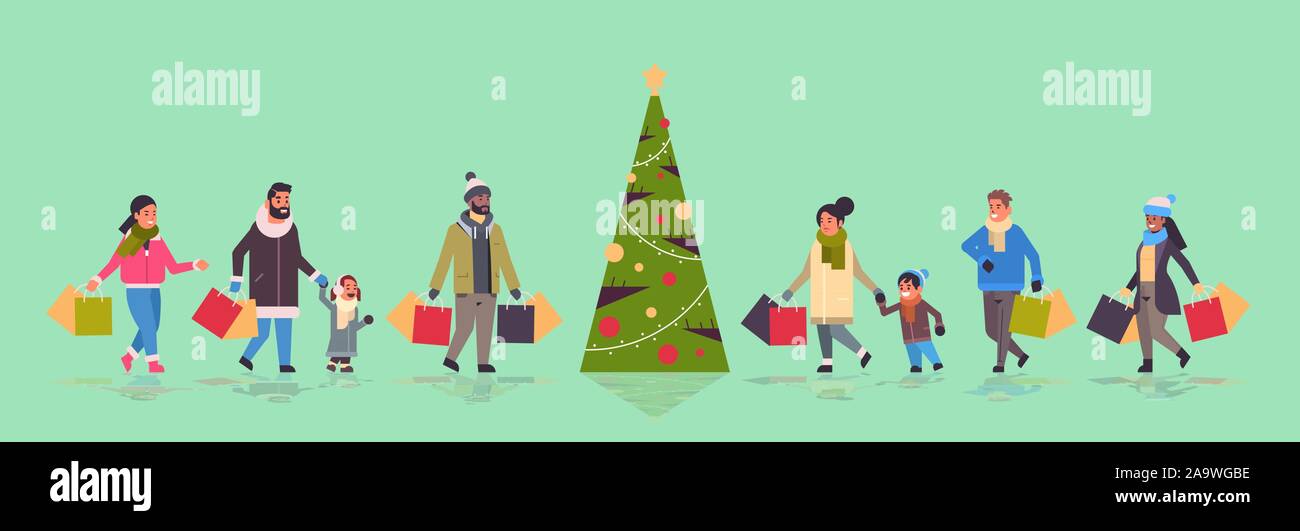 people walking with purchases merry christmas happy new year winter shopping concept mix race parents with children holding paper bags standing near fir tree horizontal full length vector illustration Stock Vector