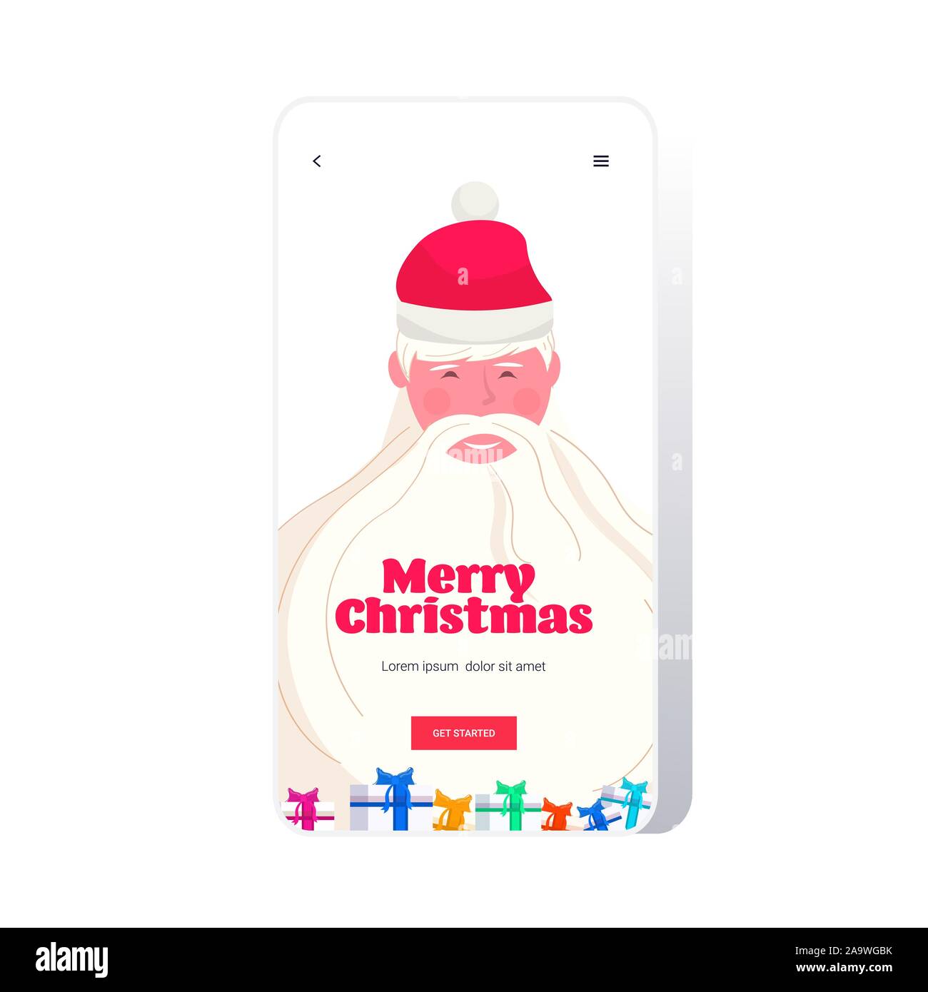 merry christmas and happy new year lettering on santa claus white beard winter holidays celebration concept smartphone screen online mobile app greeting card portrait vector illustration Stock Vector
