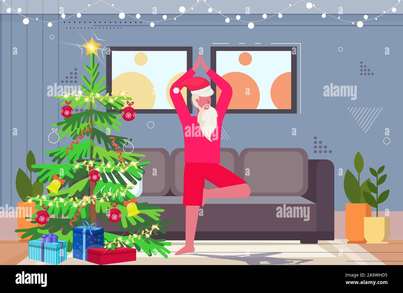 santa claus doing yoga exercises bearded man standing in tree position
