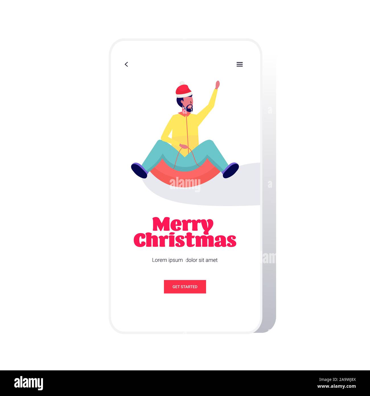 man in santa hat sledding on snow rubber tube merry christmas happy new year winter holidays activities concept african american guy having fun smartphone screen online mobile app full length vector illustration Stock Vector