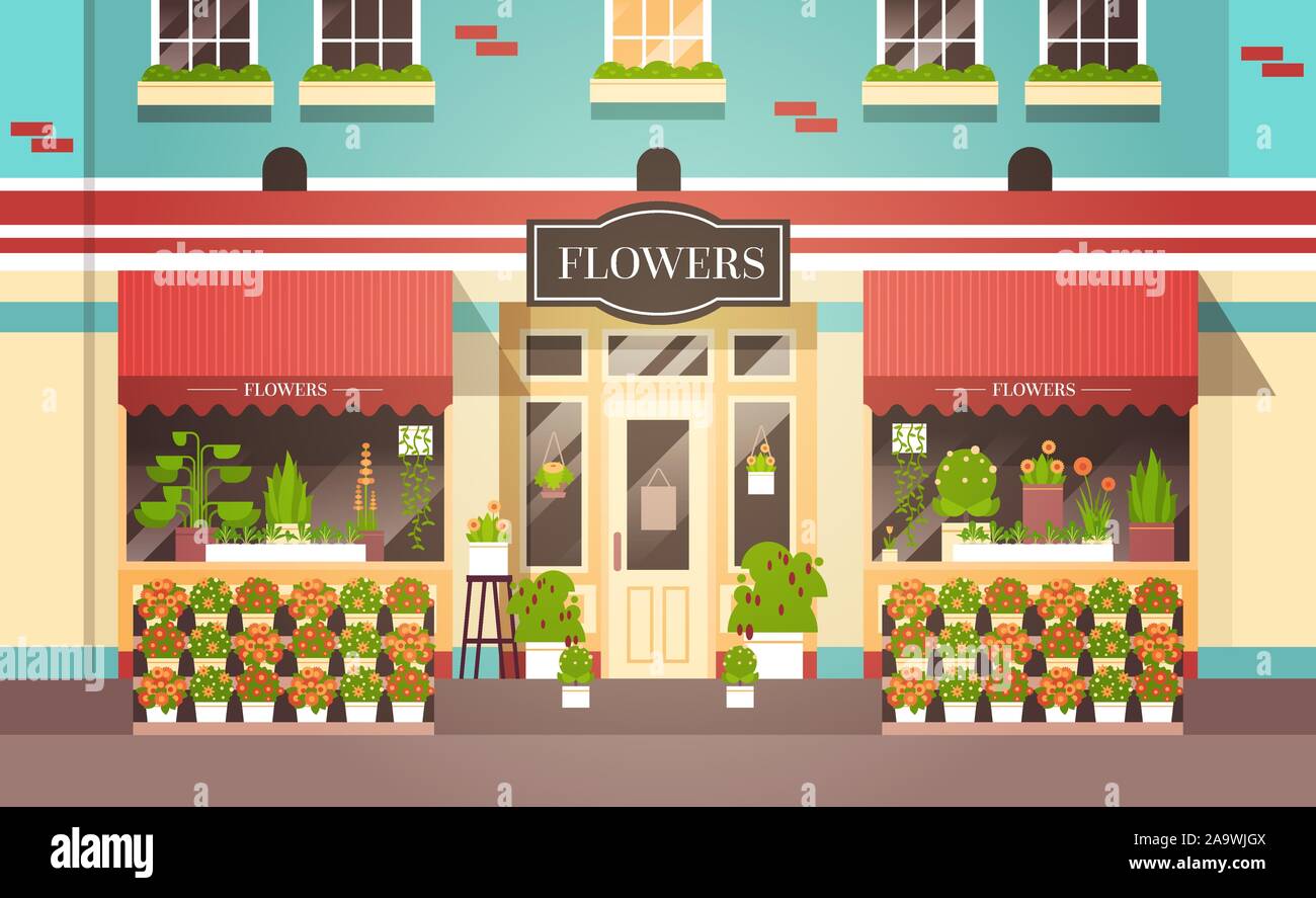 florist shop facade decorated with flowers street store exterior flat