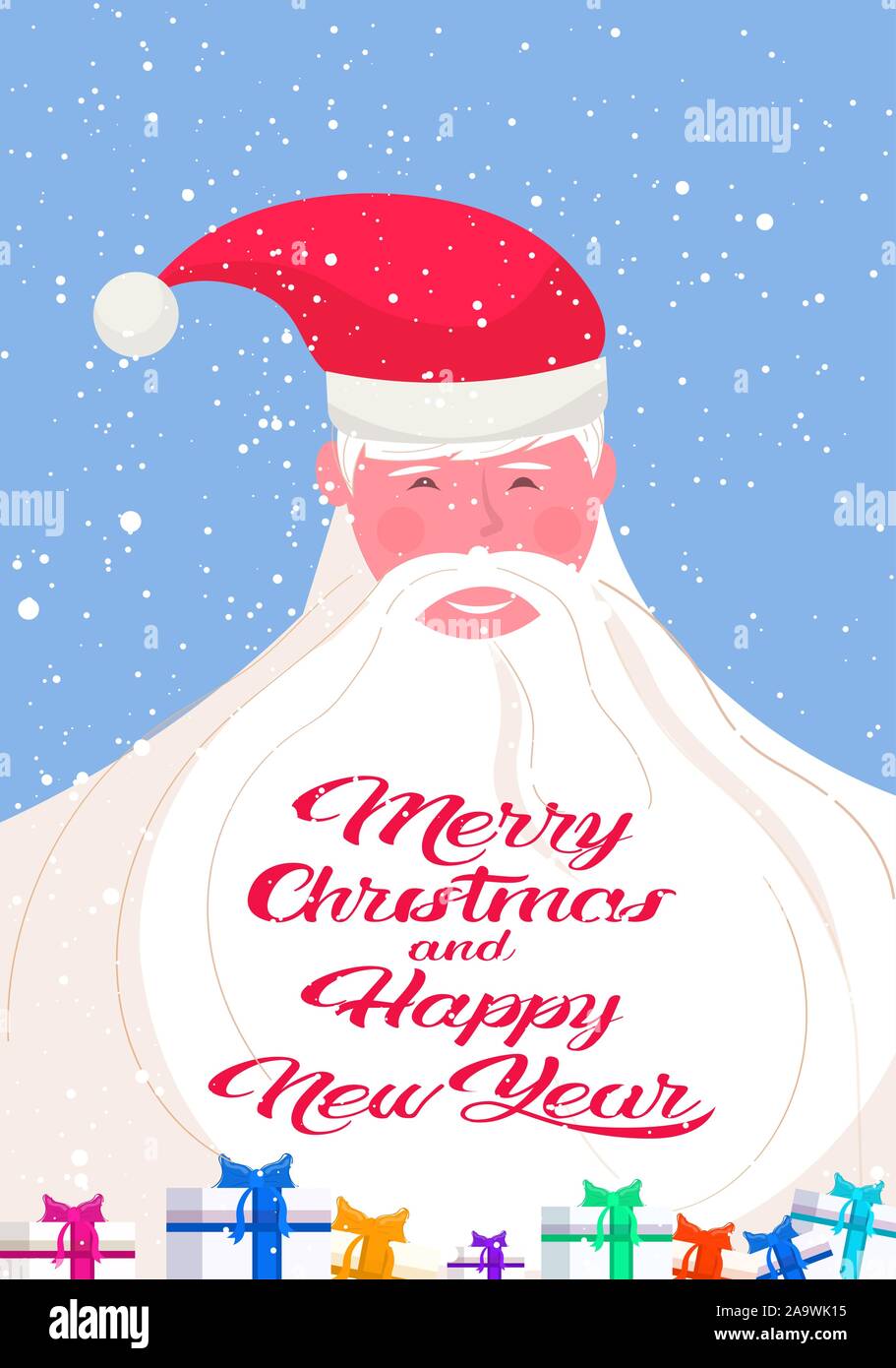 merry christmas and happy new year lettering on santa claus white beard winter holidays celebration concept greeting card portrait vertical vector illustration Stock Vector