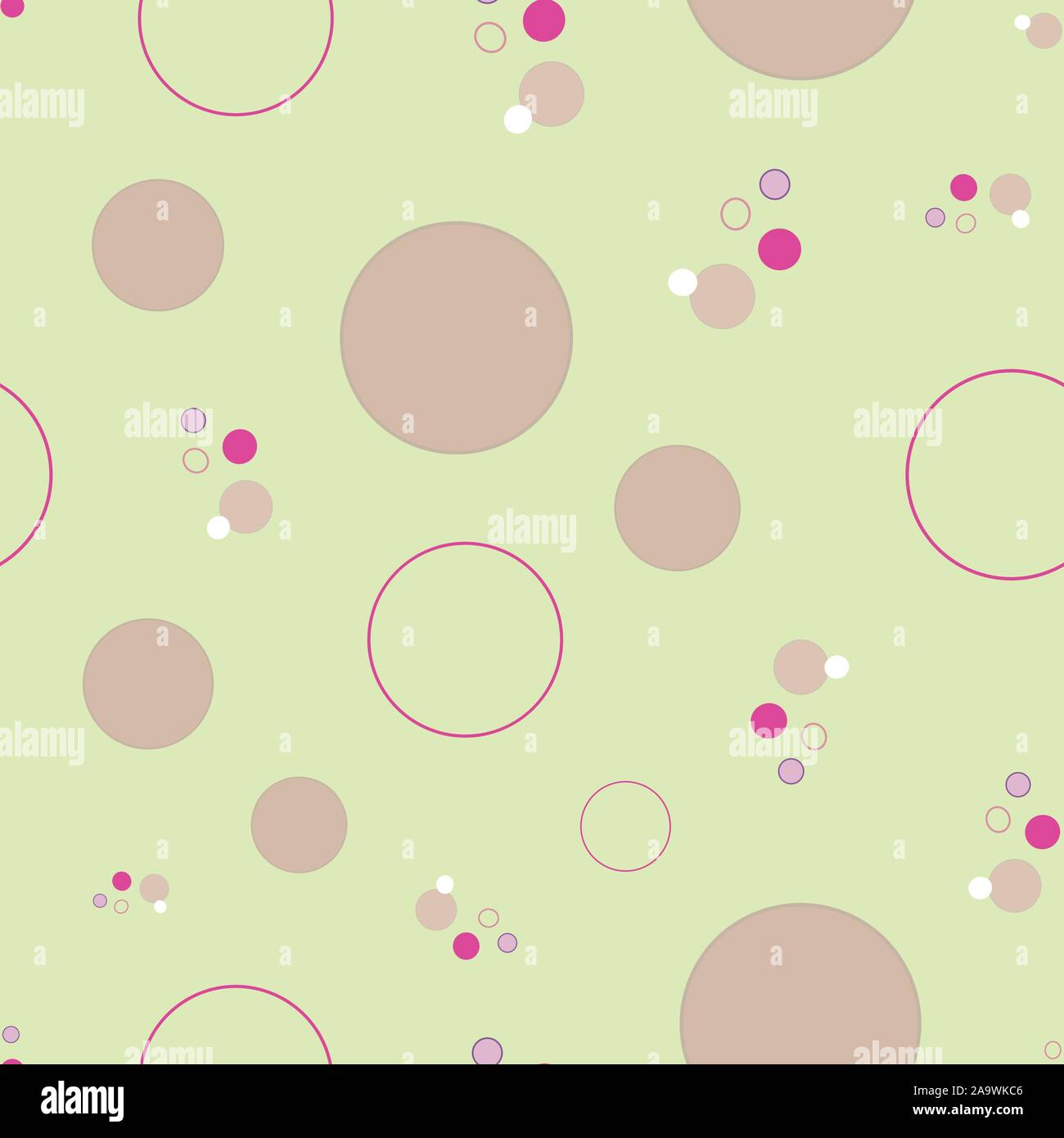 Circles on green, Bouncing circles, Pink bubbles floating over green background, seamless repeat vector. Surface Pattern Design Stock Vector