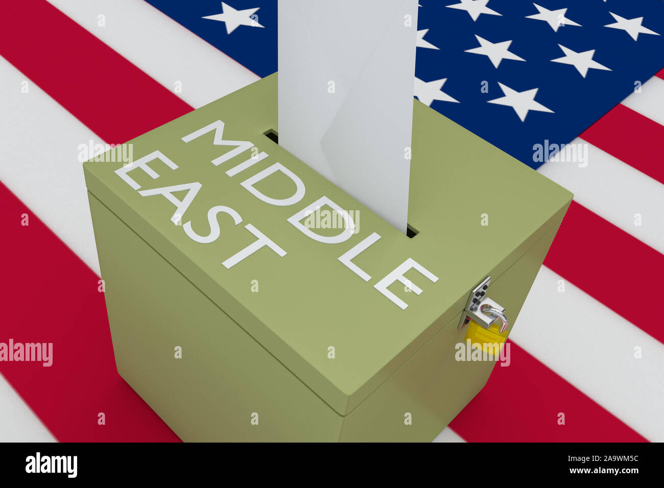 3D illustration of MIDDLE EAST script on a ballot box, with US flag as a background. Stock Photo