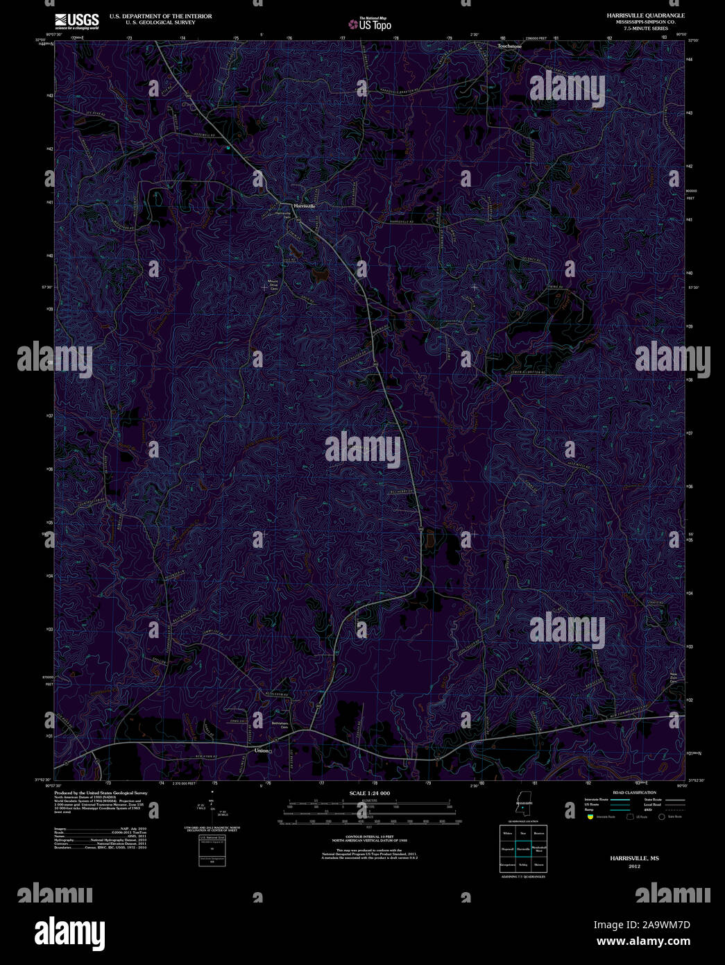 USGS TOPO Map Mississippi MS Harrisville 20120323 TM Inverted Restoration Stock Photo