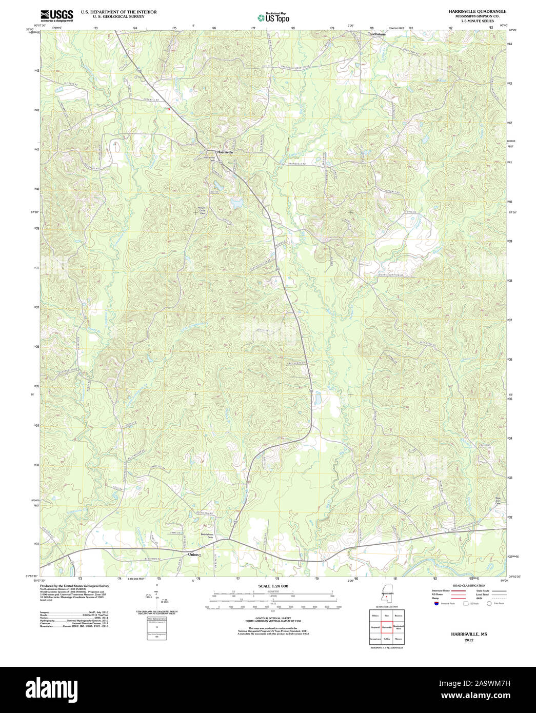 USGS TOPO Map Mississippi MS Harrisville 20120323 TM Restoration Stock Photo