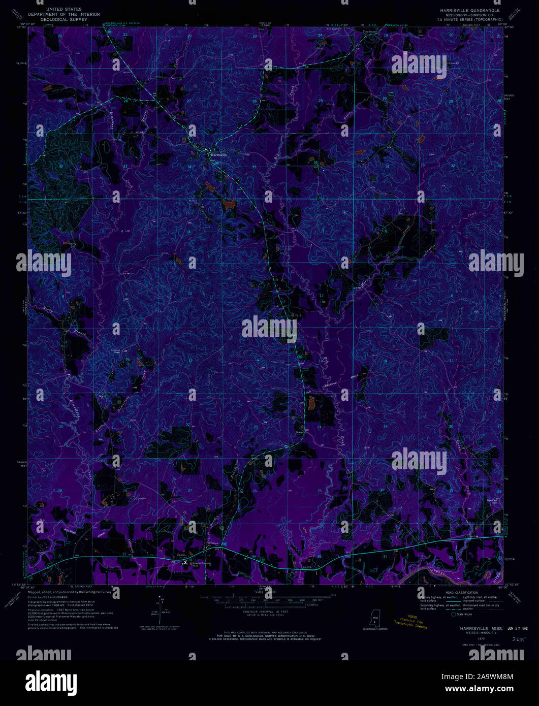 USGS TOPO Map Mississippi MS Harrisville 335768 1970 24000 Inverted Restoration Stock Photo