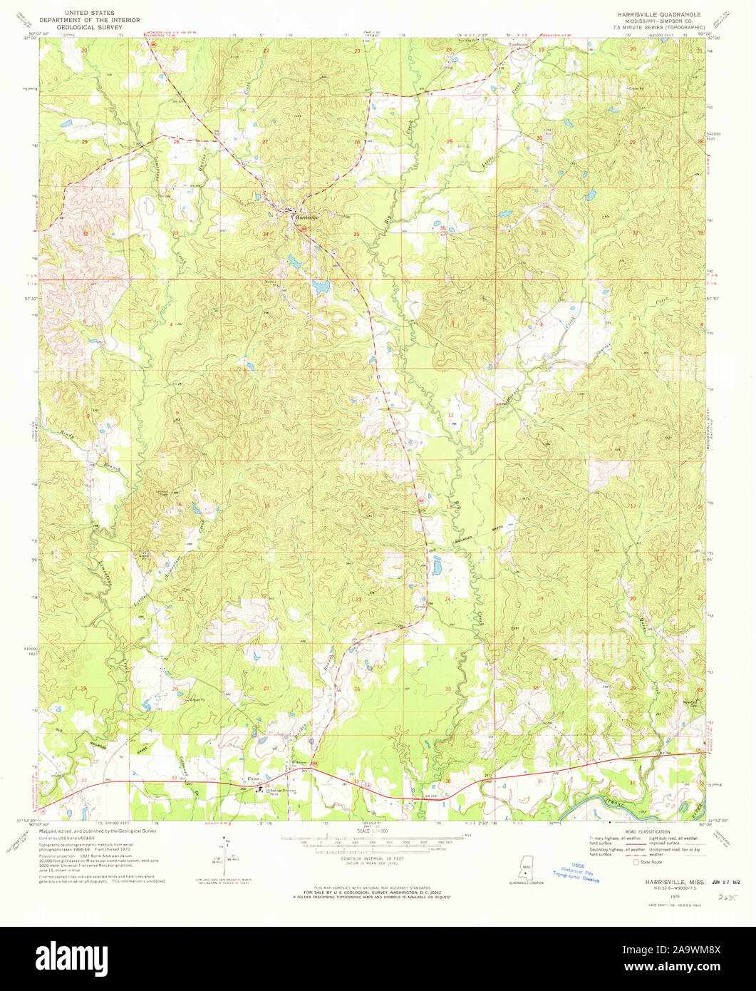 USGS TOPO Map Mississippi MS Harrisville 335768 1970 24000 Restoration Stock Photo
