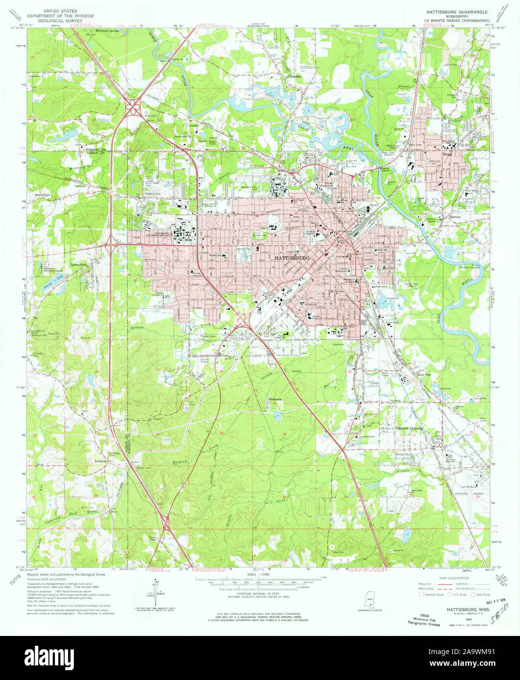 Usgs Topo Map Mississippi Ms Hattiesburg 335769 1964 24000 Restoration 2A9WM91 