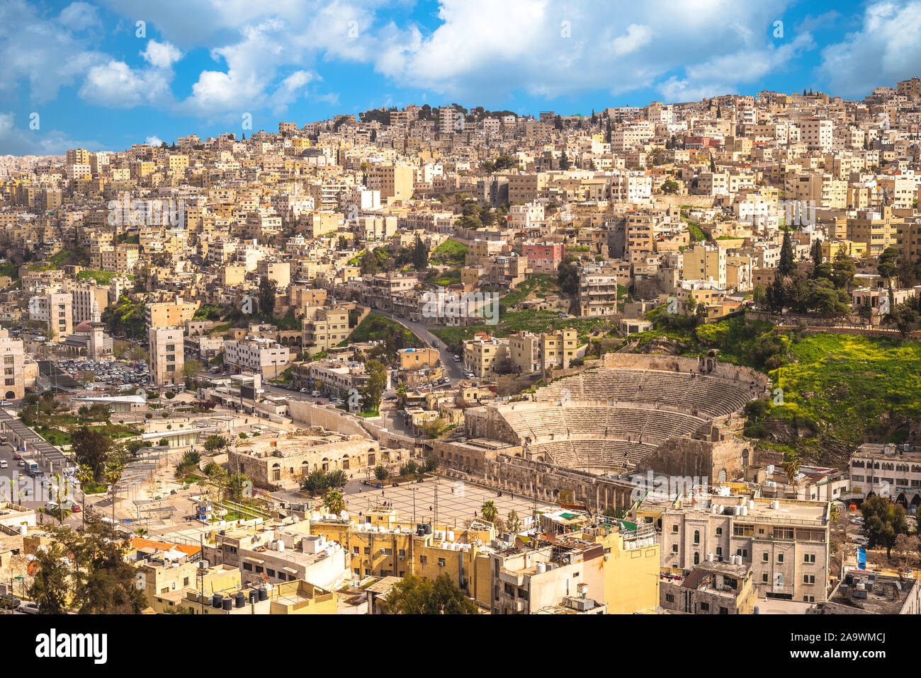 skyline of Amman, capital of Jordan, with roman theater Stock Photo