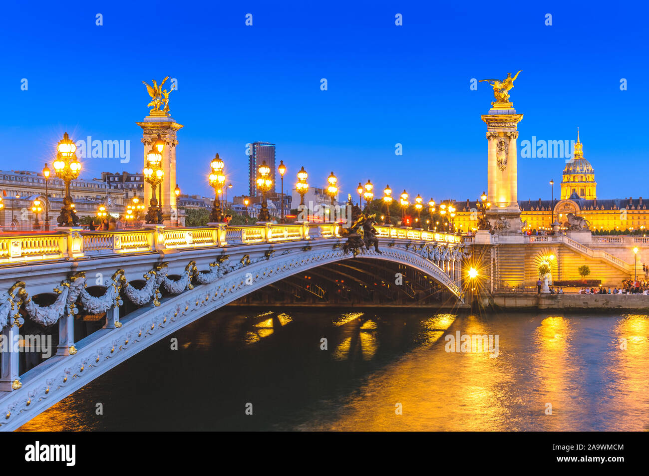 night view of Alexandre 3 Bridge in paris, france Stock Photo