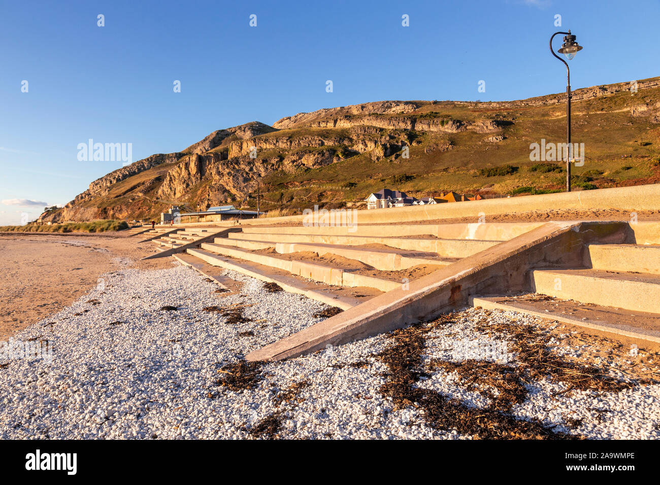 Llandudno West Shore steps and Great Orme, North Wales Stock Photo