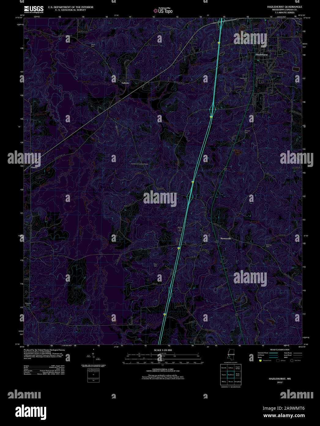 USGS TOPO Map Mississippi MS Hazlehurst 20120419 TM Inverted