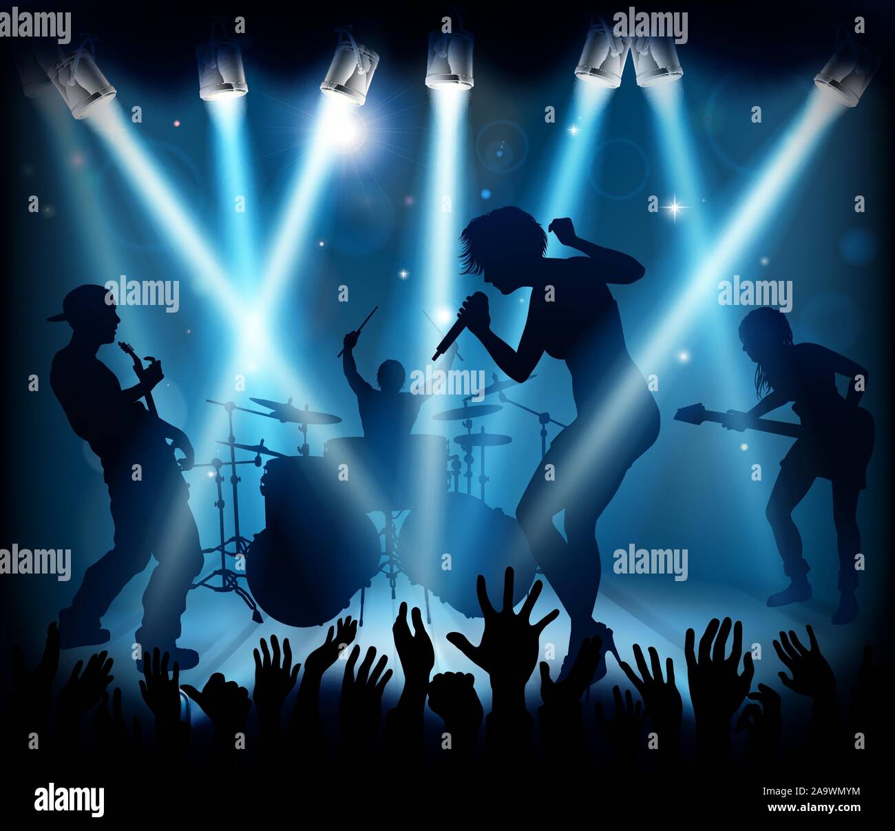 Music Concert Band Stage Silhouettes Stock Vector
