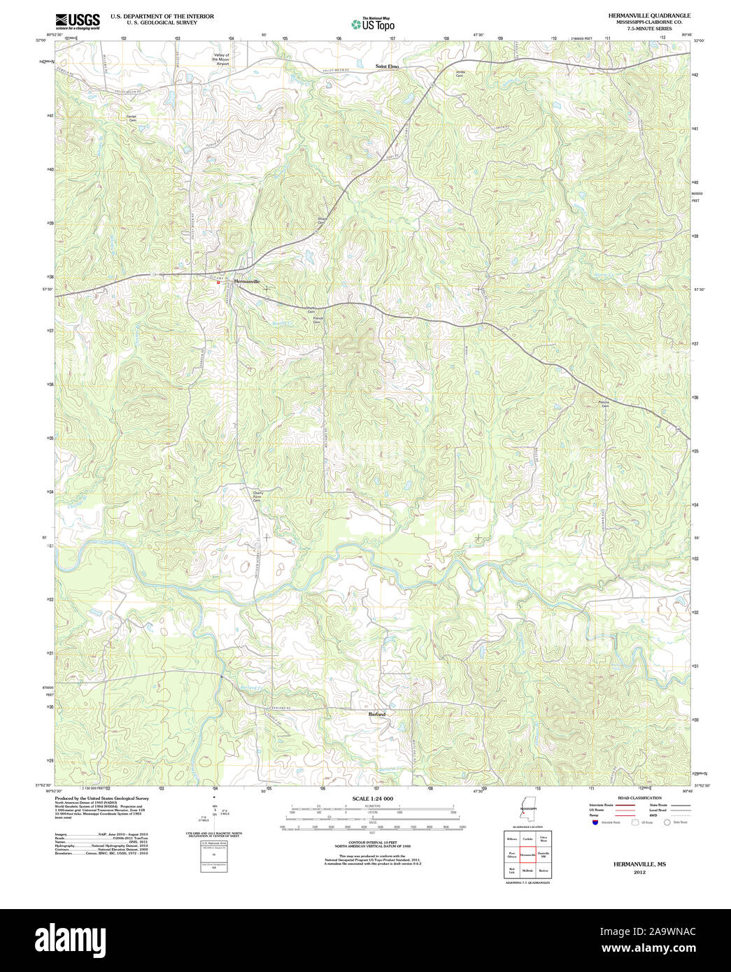 USGS TOPO Map Mississippi MS Hermanville 20120419 TM Restoration Stock ...