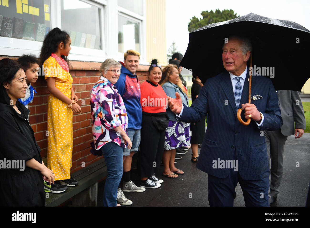The Prince of Wales during a visit to Critical Design, an Auckland based company that manufactures a range of office and homeware products from recycled materials, at Wesley Intermediate School in Auckland on the second day of the royal visit to New Zealand. Stock Photo