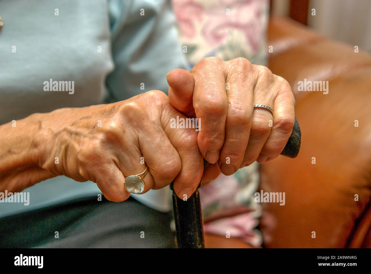 Hands of an elderly woman holding a walking stick Stock Photo
