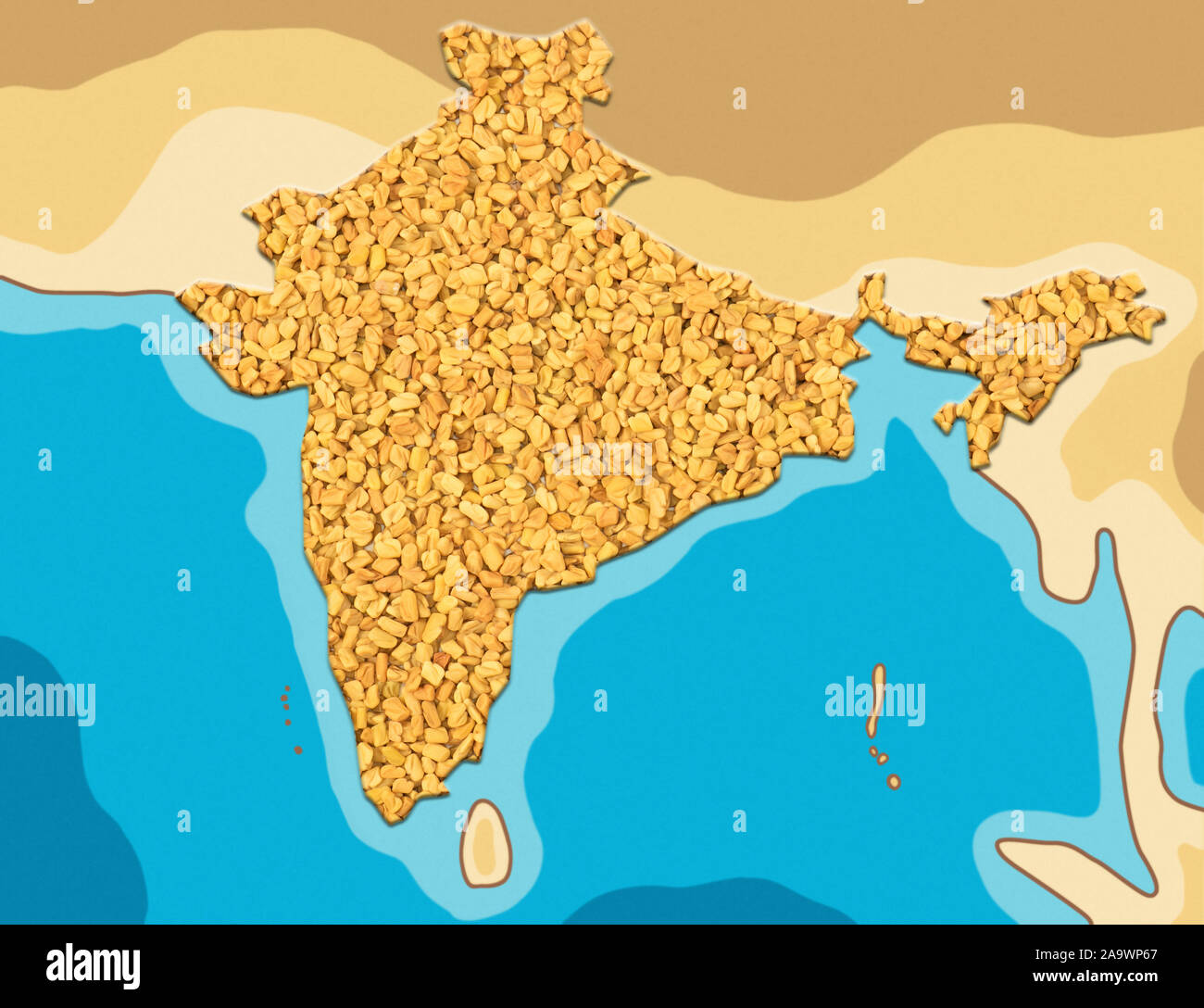 Fenugreek (Trigonella) grows in India. Schematic map Stock Photo