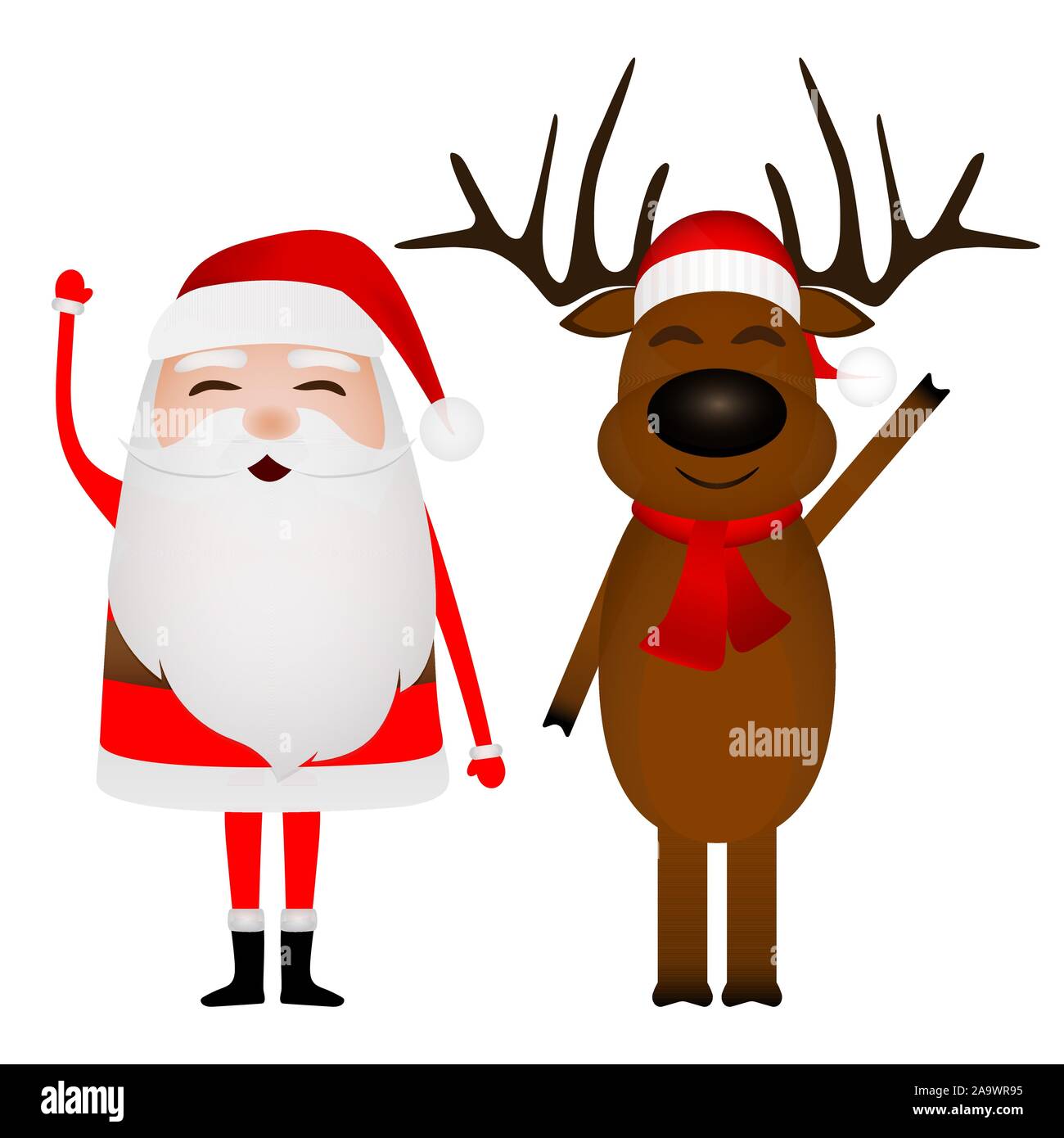 Cartoon funny santa claus and reindeer waving hands isolated on white ...