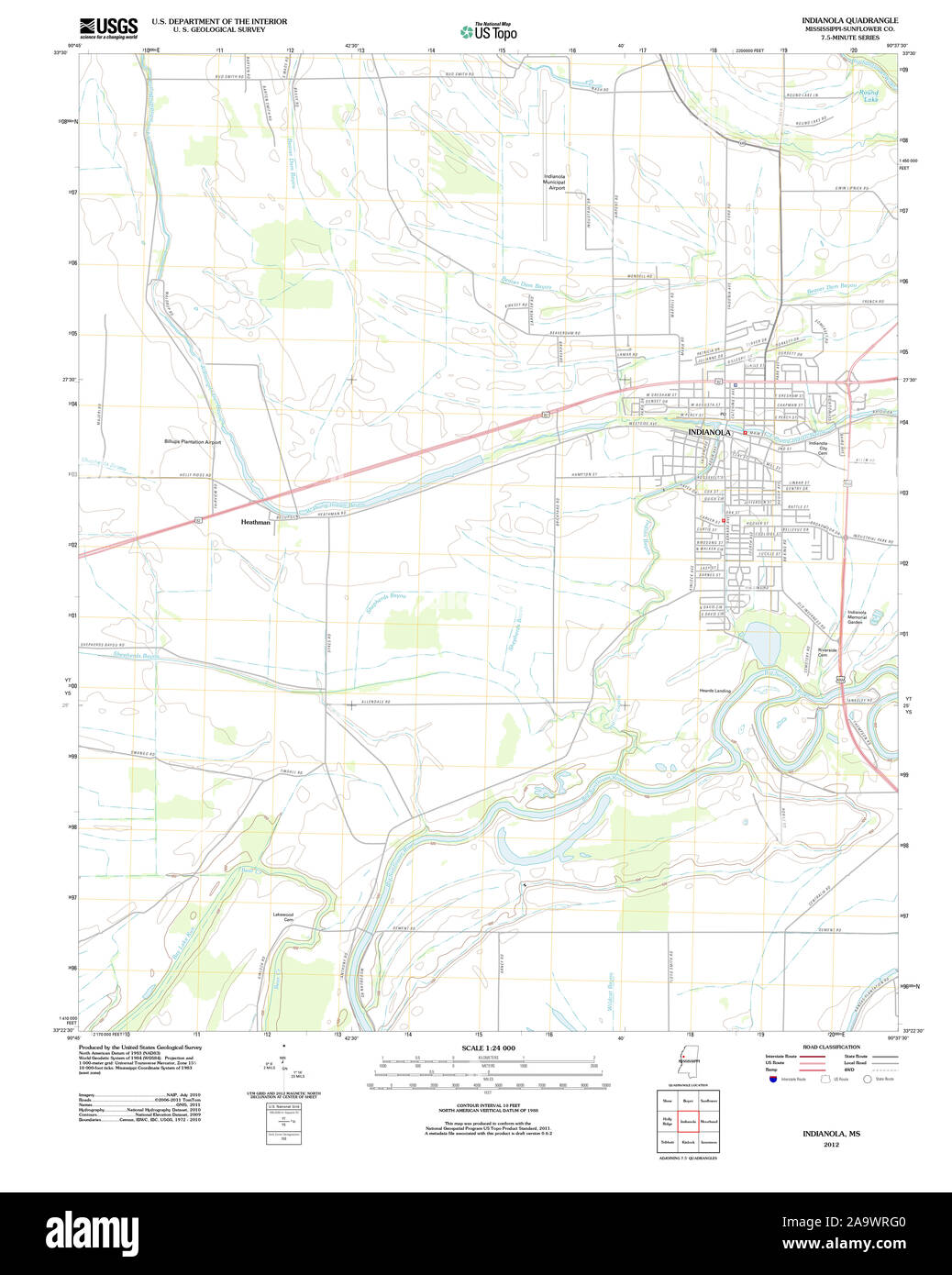 USGS TOPO Map Mississippi MS Indianola 20120402 TM Restoration Stock Photo