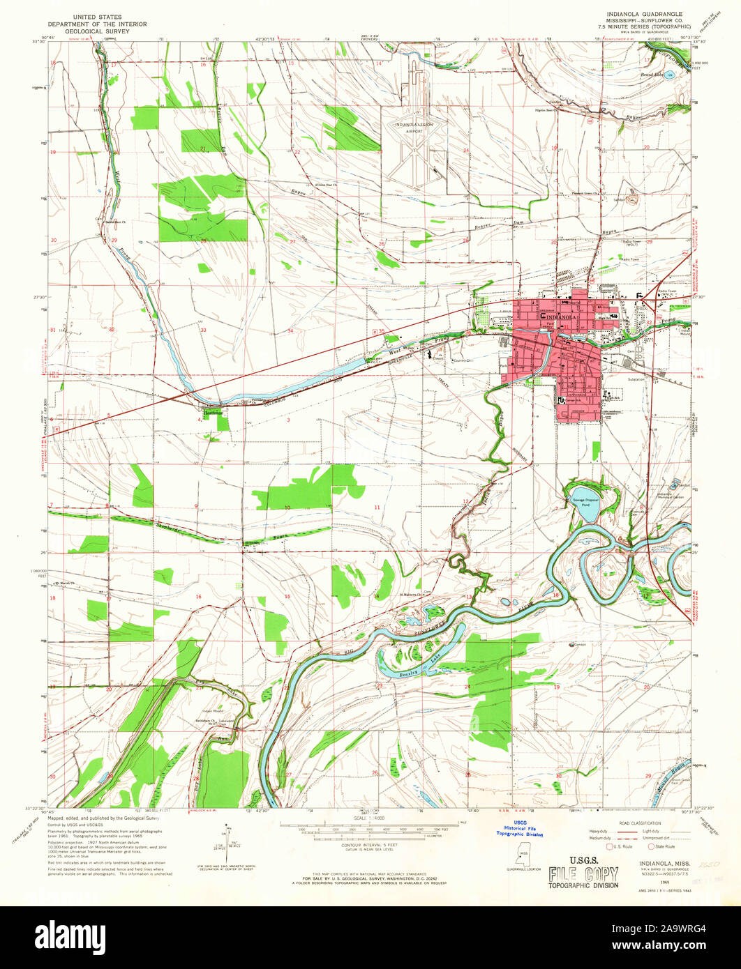 USGS TOPO Map Mississippi MS Indianola 335863 1965 24000 Restoration Stock Photo