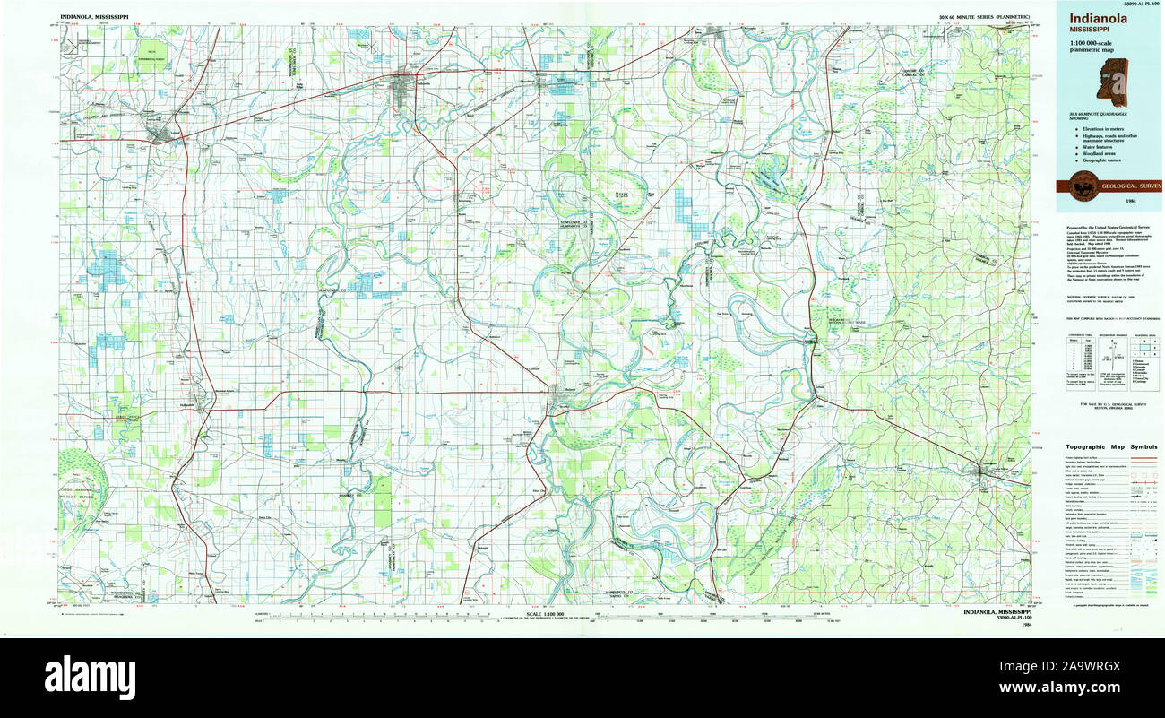 USGS TOPO Map Mississippi MS Indianola 337219 1984 100000 Restoration Stock Photo
