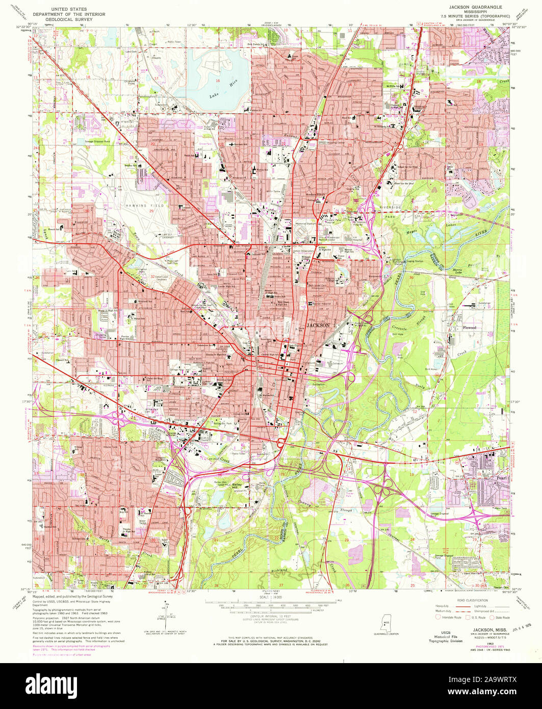 USGS TOPO Map Mississippi MS Jackson 335875 1963 24000 Restoration Stock Photo