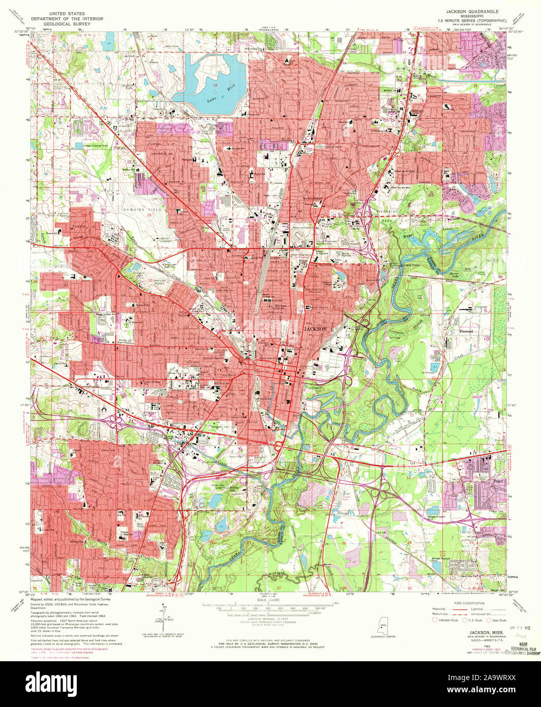 USGS TOPO Map Mississippi MS Jackson 335876 1963 24000 Restoration Stock Photo