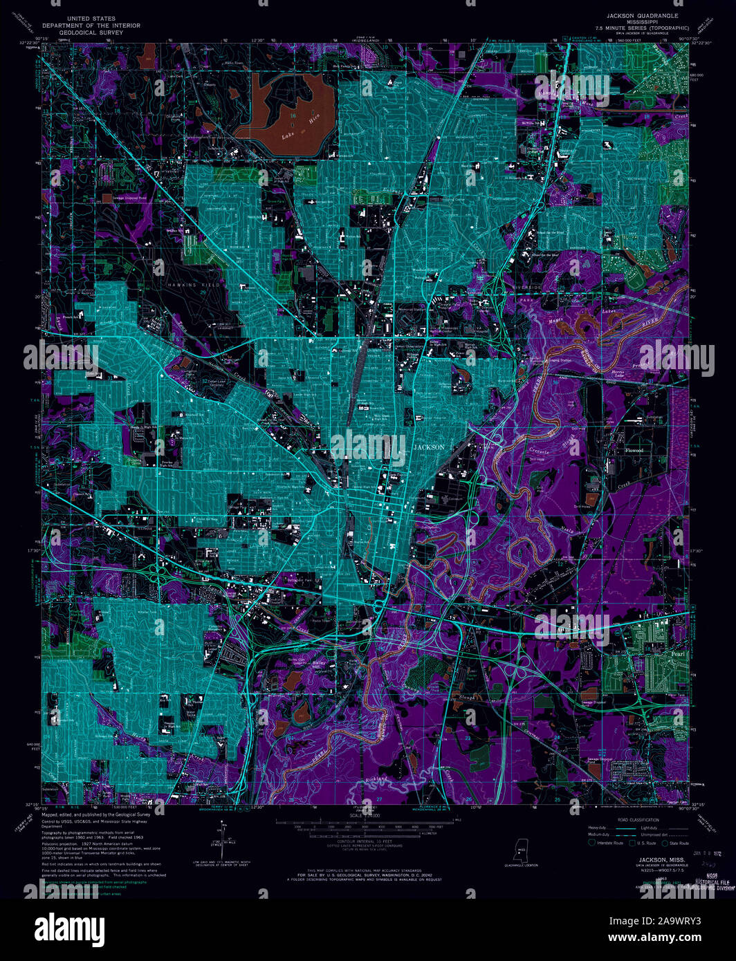 USGS TOPO Map Mississippi MS Jackson 335876 1963 24000 Inverted Restoration Stock Photo