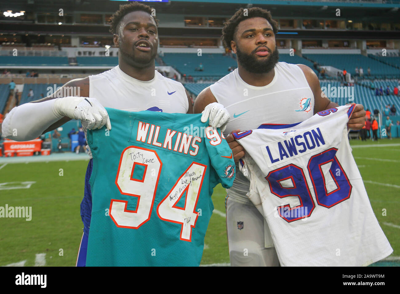 Miami Dolphins defensive end Shaq Lawson (90) lines up against the Denver  Broncos during the first half of an an NFL football game, Sunday, Nov.. 22,  2020, in Denver. (AP Photo/Justin Edmonds