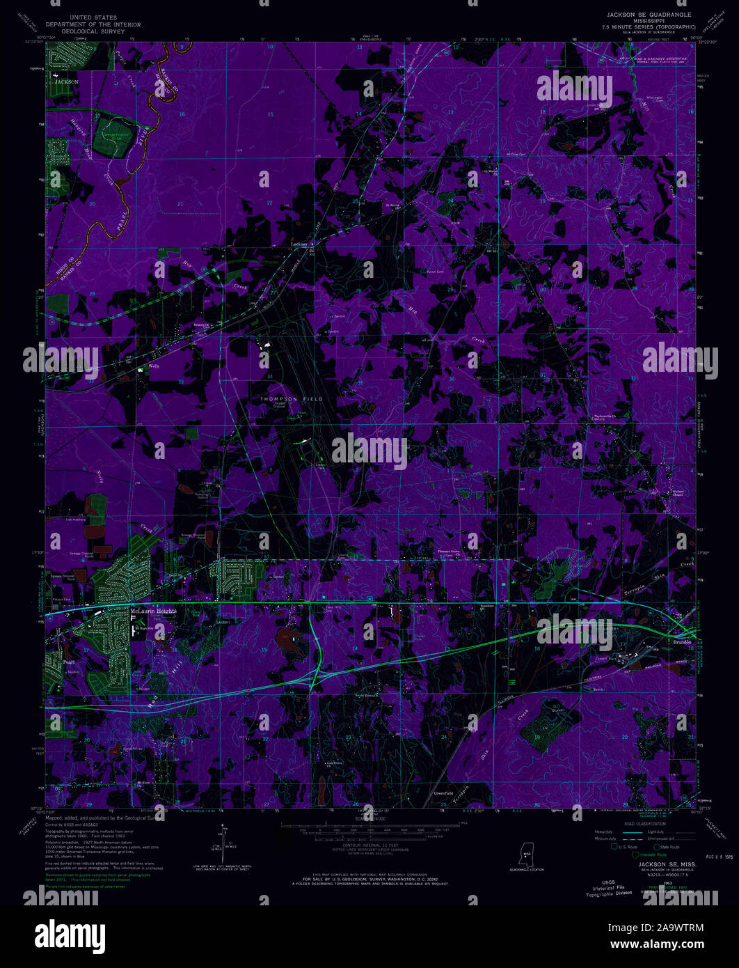 USGS TOPO Map Mississippi MS Jackson SE 335882 1963 24000 Inverted Restoration Stock Photo