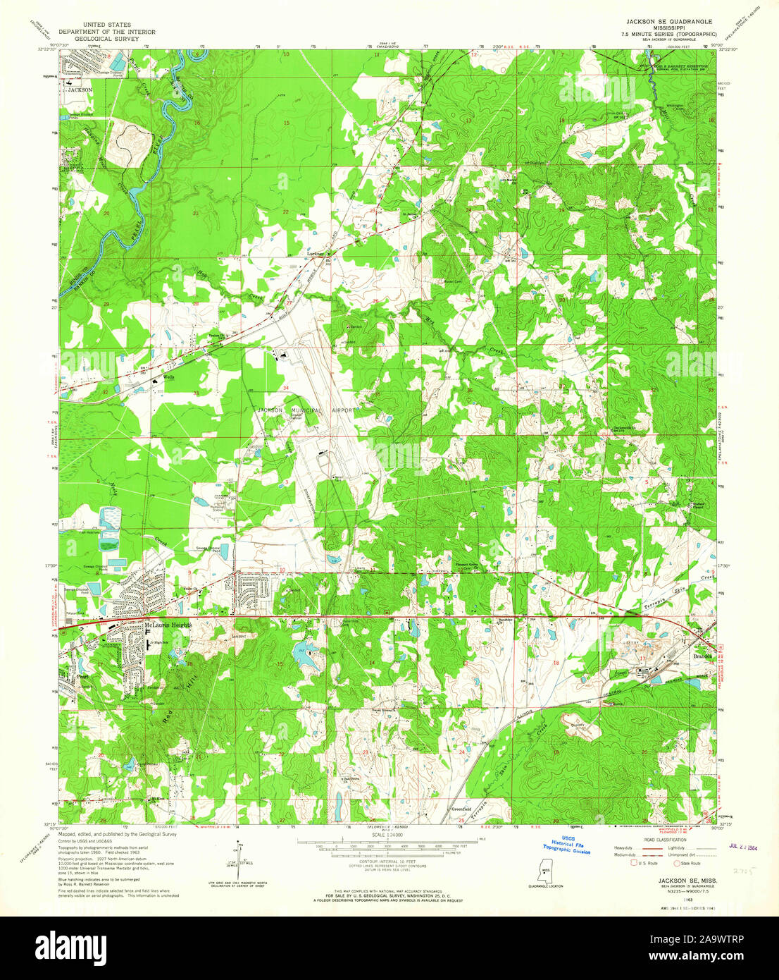 USGS TOPO Map Mississippi MS Jackson SE 335881 1963 24000 Restoration Stock Photo