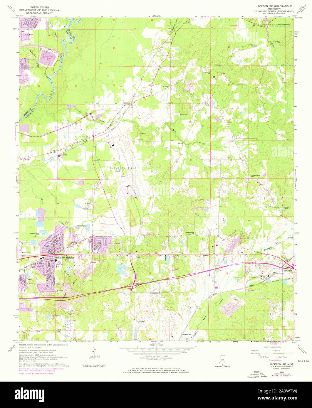 USGS TOPO Map Mississippi MS Jackson SE 335882 1963 24000 Restoration Stock Photo