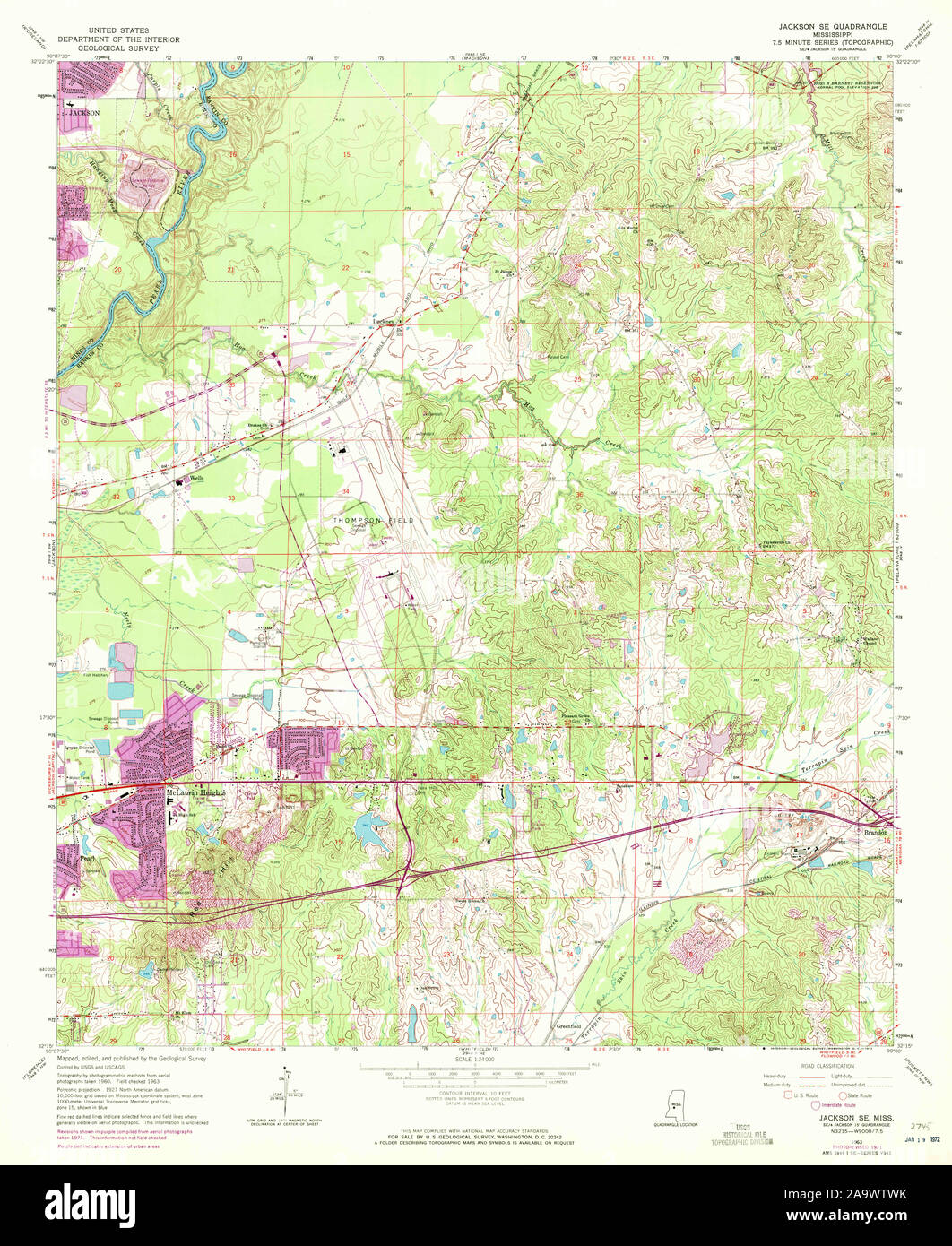 USGS TOPO Map Mississippi MS Jackson SE 335883 1963 24000 Restoration Stock Photo