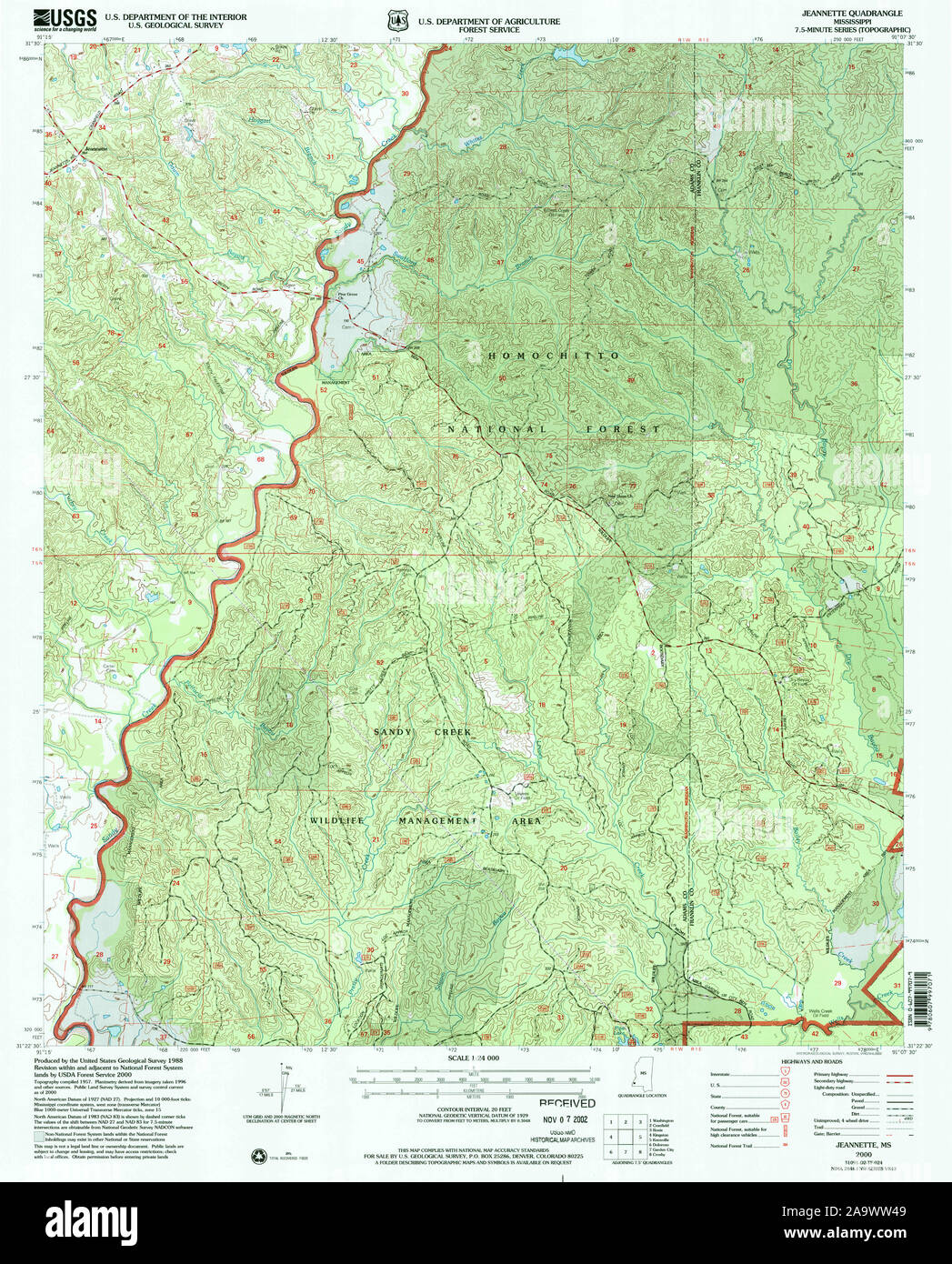 USGS TOPO Map Mississippi MS Jeannette 335889 2000 24000 Restoration Stock Photo