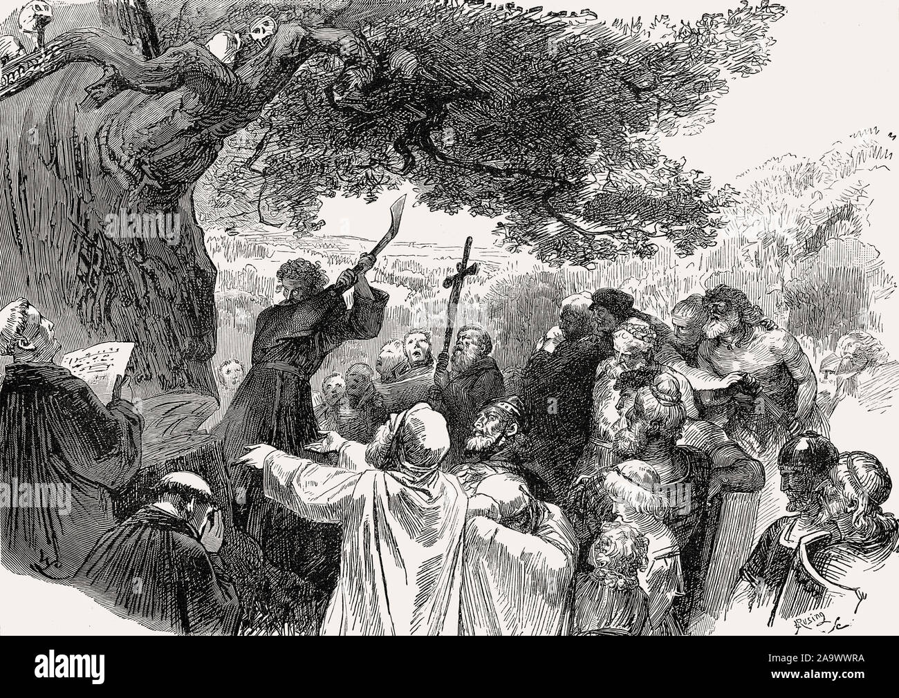 Saint Boniface felling Donar's Oak, 8th century Stock Photo