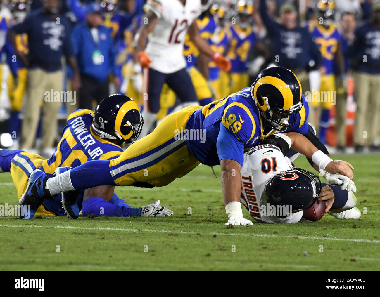 Los Angeles, United States. 17th Nov, 2019. Rams tackle Aaron Donald (99) sacks Bears quarterback Mitchell Turbisky (10) in 3rd quarter action at the United Airlines Coliseum in Los Angeles, November 17, 2019. The Rams defeated the Bears 17-7. Photo by Jon SooHoo/UPI Credit: UPI/Alamy Live News Stock Photo