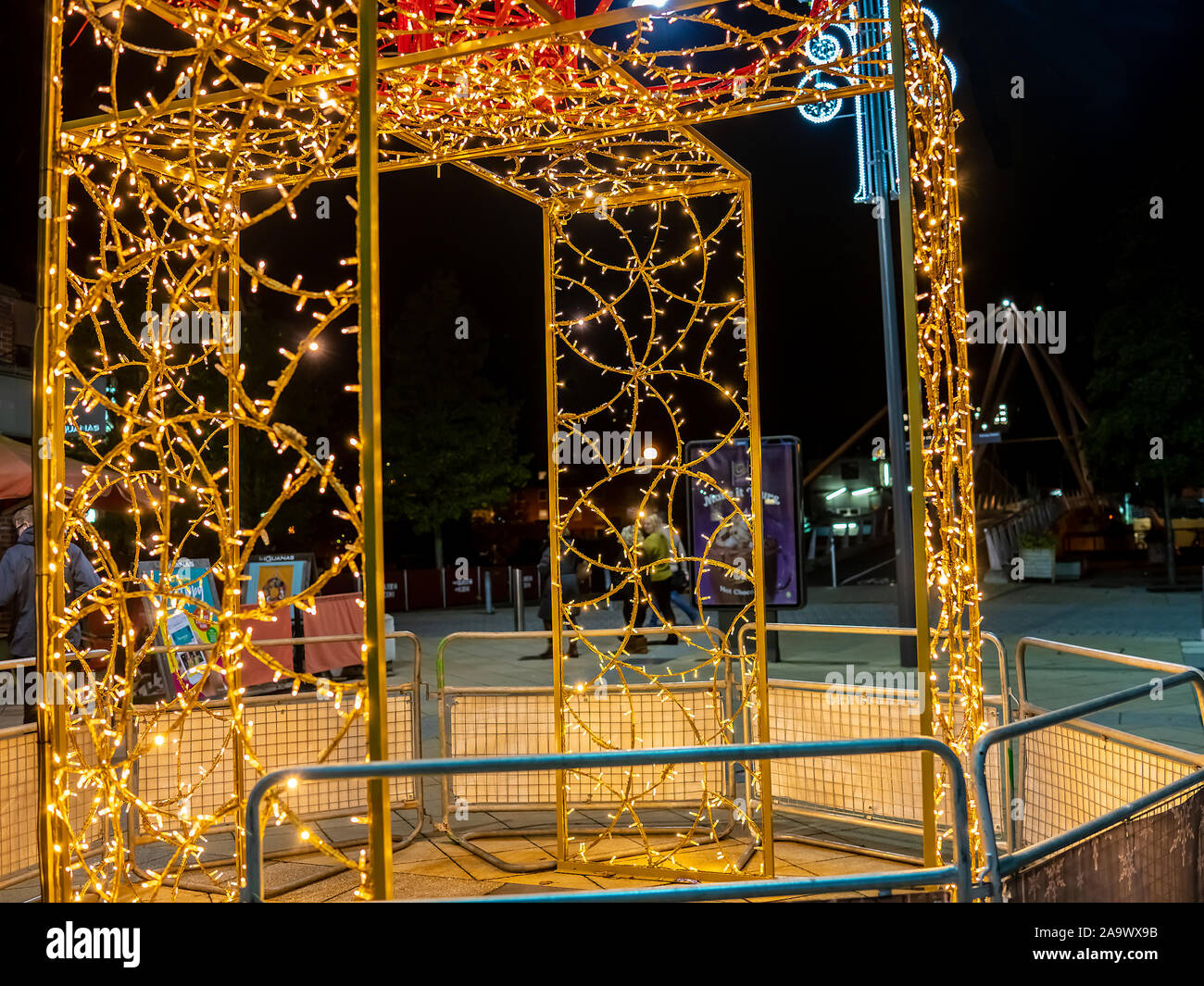 Night time capture of a Christmas light display at the Riverside Complex Norwich Stock Photo Alamy