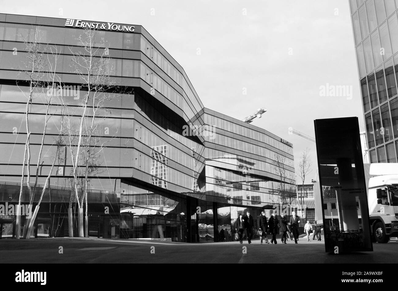 The new Ernst & Young headquarter in Zürich-West in the shadow of the Swiss Prime Tower in Zürich-West Stock Photo