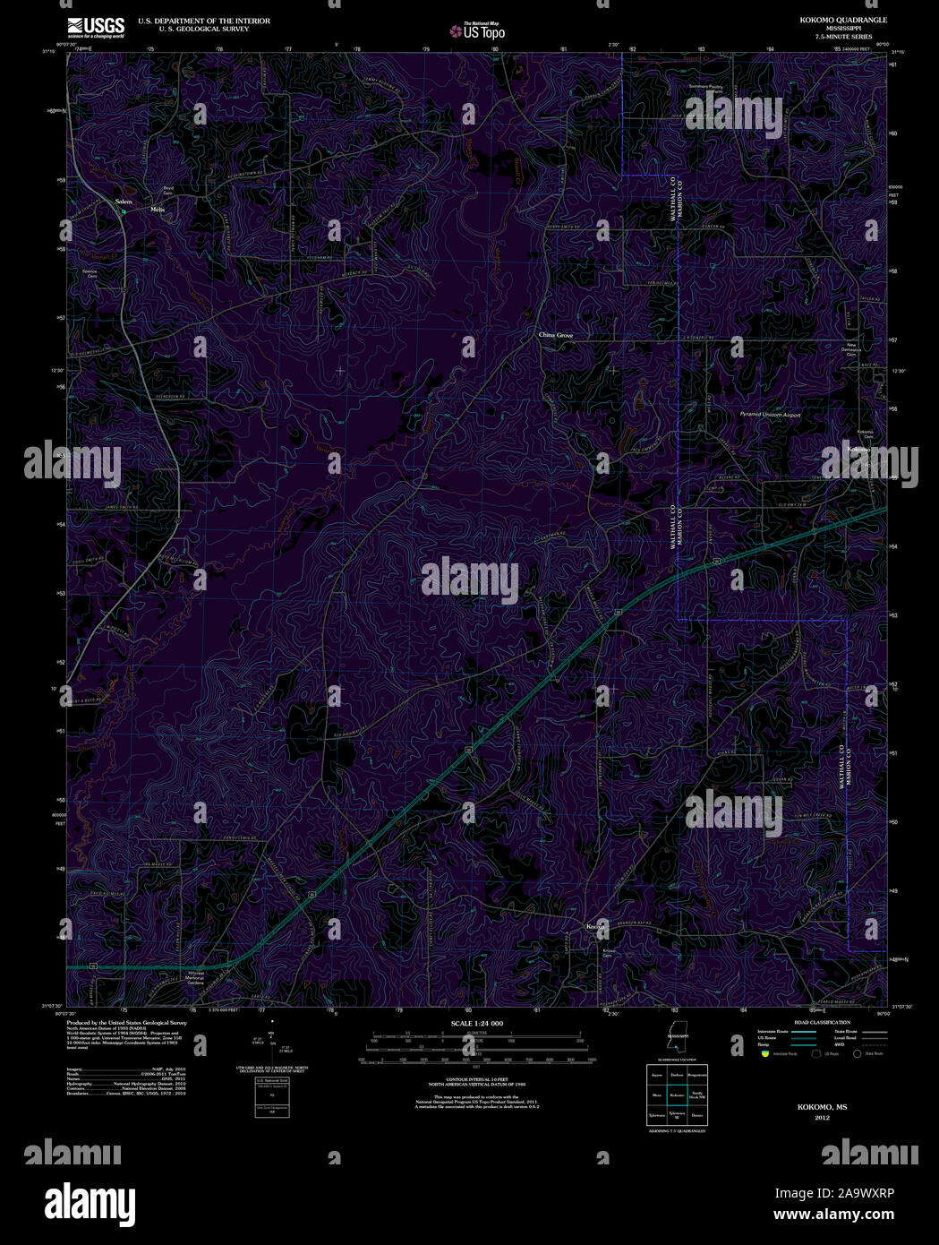 USGS TOPO Map Mississippi MS Kokomo 20120618 TM Inverted Restoration
