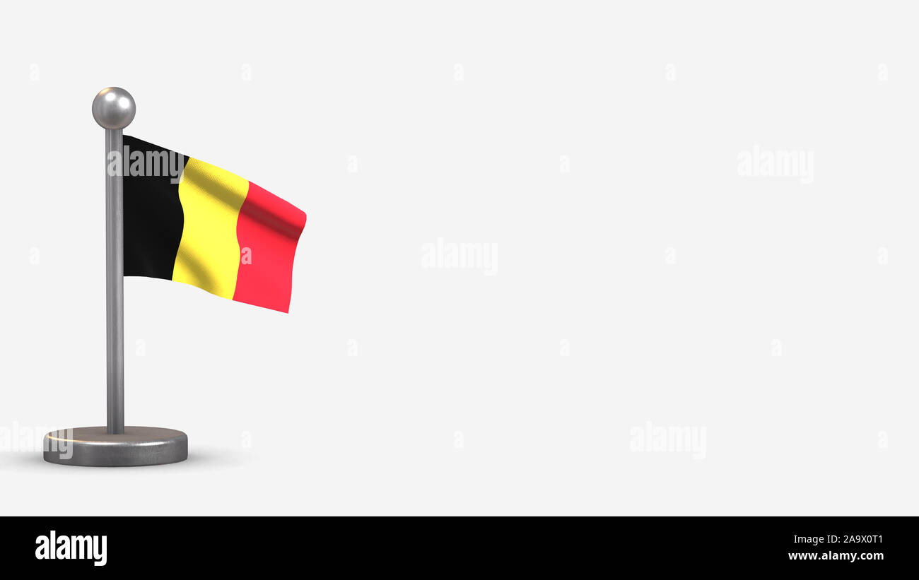 Belgium 3D waving flag illustration on a tiny metal flagpole. Isolated ...