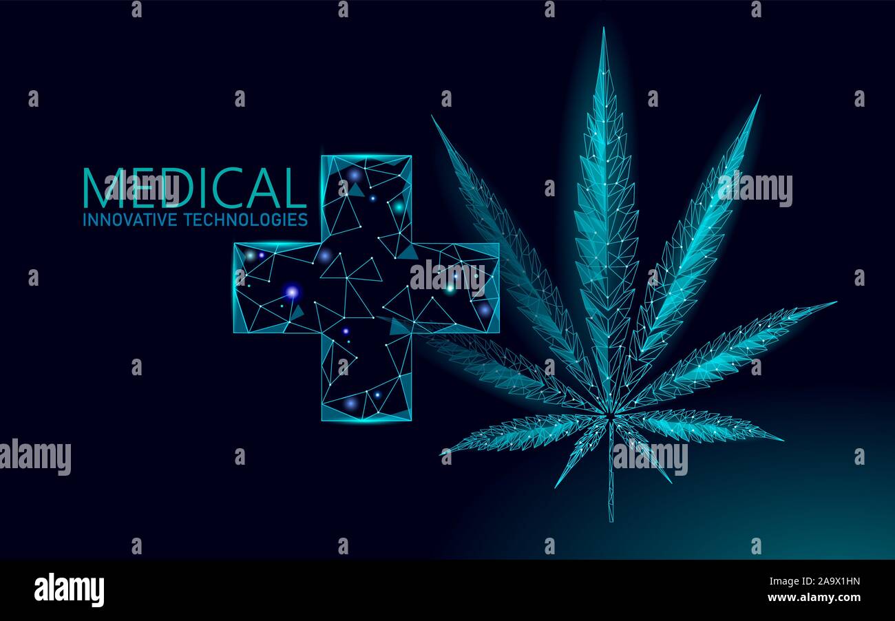 Low poly 3D medical marijuana leaf. Legalize medical pain treatment concept. Cannabis weed medicine cross symbol. Legal state traditional prescription Stock Vector