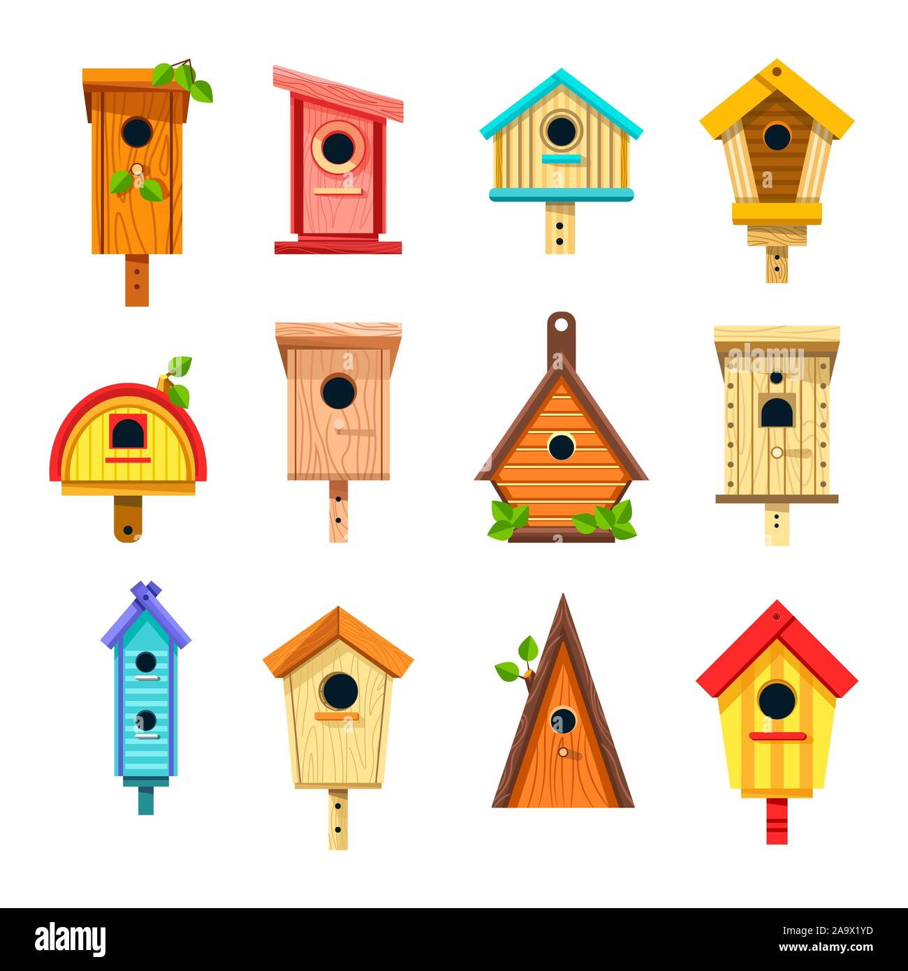 Birdhouses isolated icons, nesting boxes or tree buildings Stock Vector