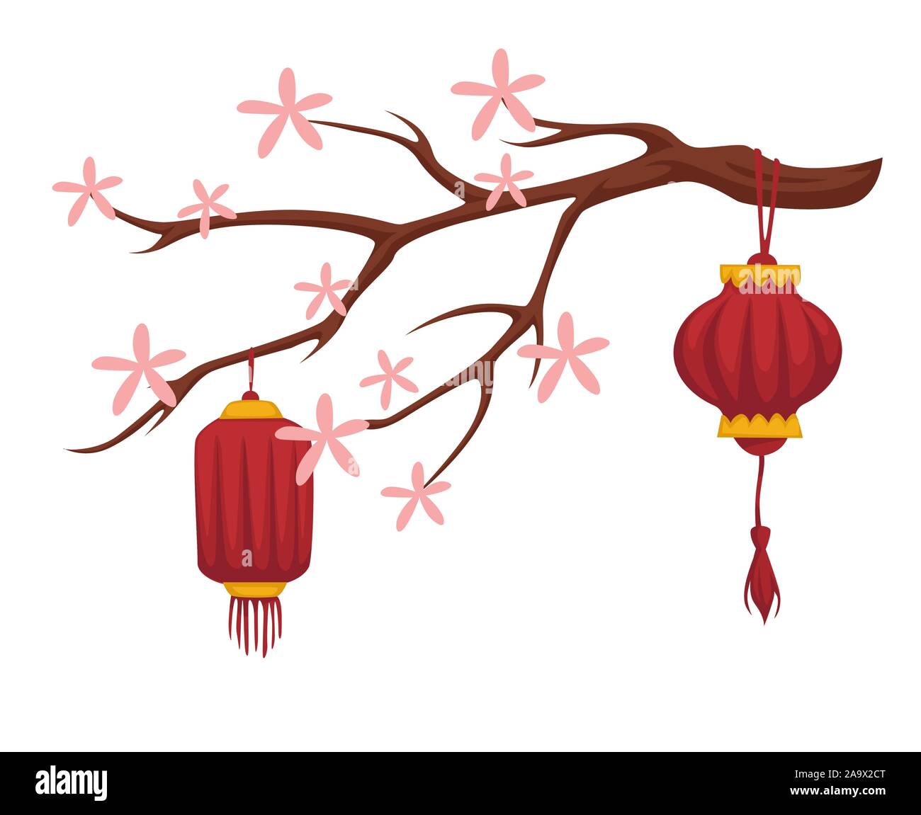 Blooming sakura and Chinese paper lanterns isolated icon Stock Vector